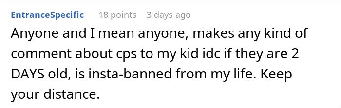 Screenshot of a social media comment about mom's joke and woman fearing CPS involvement over remarks about her child.