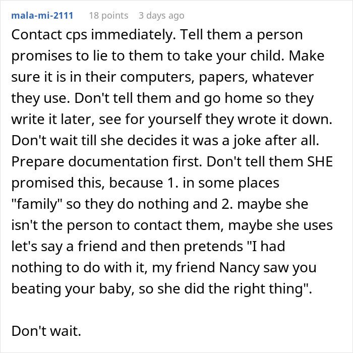 Reddit comment advising to contact CPS immediately and prepare documentation regarding a possible false report situation.