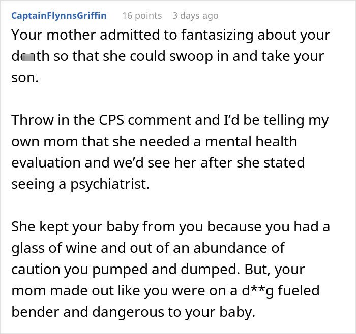 Comment discussing mom's joke about calling CPS and concerns over mental health and child safety in a family conflict.
