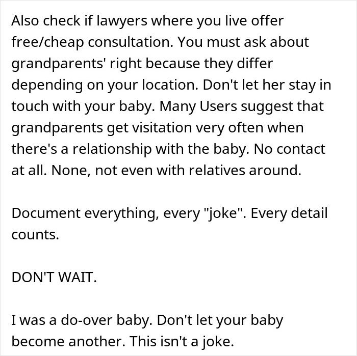 Text advice on grandparents' rights and child protection, including documenting every joke and consulting lawyers about visitation rights.