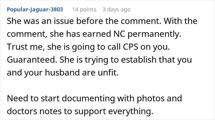 Comment warning about Mom's joke and the risk she&rsquo;s going to call CPS on the woman, advising documentation steps.