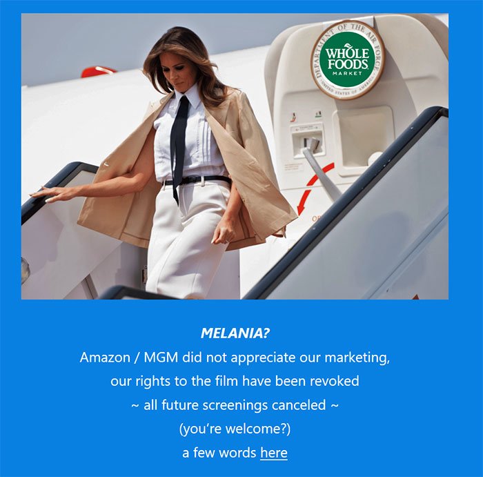 Melania stepping off airplane stairs with Whole Foods logo, related to theater clap back and Melania documentary pull.