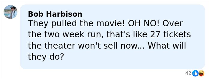 Facebook comment by Bob Harbison reacting to theater’s response after Amazon pulled Melania documentary.