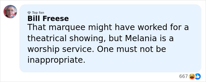Comment by Bill Freese reacting humorously to a joke about the Melania documentary being pulled on Amazon.