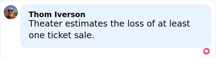 Comment from Thom Iverson estimating the theater's loss of at least one ticket sale after the documentary was pulled.
