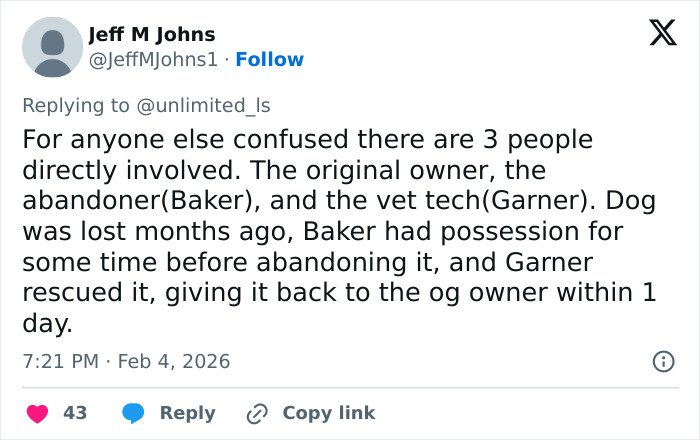 Tweet from Jeff M Johns explaining involvement of vet tech in rescuing abandoned dog during snowstorm and returning it to owner.