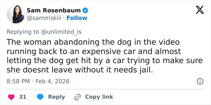 Tweet text from Sam Rosenbaum describing a woman abandoning a dog, related to vet tech charged after rescuing abandoned dog during snowstorm.