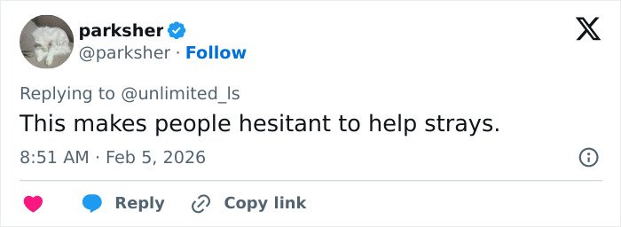 Tweet reply by user parksher expressing concern that the vet tech charged and fired for rescuing a dog discourages helping strays.
