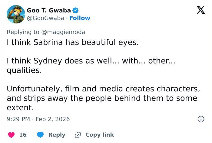 Tweet discussing the viral claim about men like Sydney Sweeney and women like Sabrina Carpenter sparking debate.