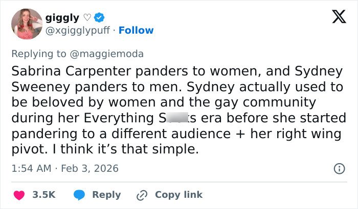 Twitter post discussing viral claim about Sydney Sweeney and Sabrina Carpenter sparking massive debate among fans.