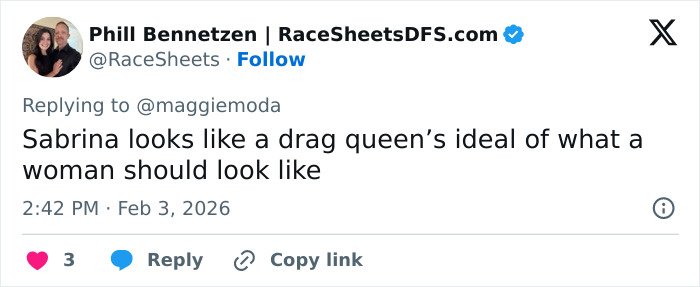Screenshot of a tweet discussing the viral claim about men liking Sydney Sweeney and women liking Sabrina Carpenter.