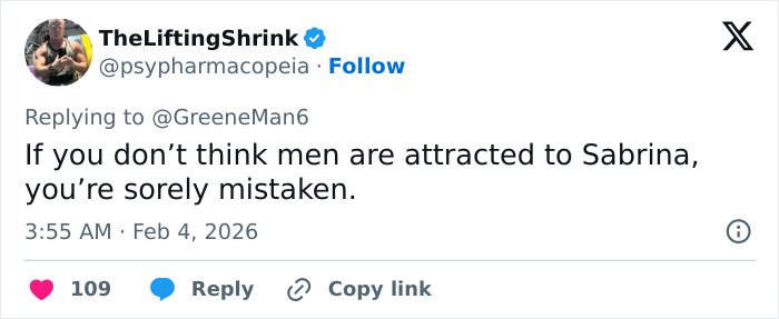 Tweet discussing attraction preferences mentioning men, Sabrina Carpenter, Sydney Sweeney, and sparking a viral debate online.