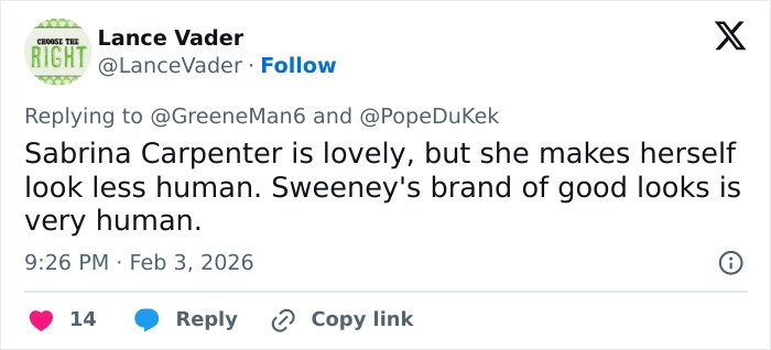 Screenshot of a tweet debating the viral claim about men liking Sydney Sweeney and women liking Sabrina Carpenter.