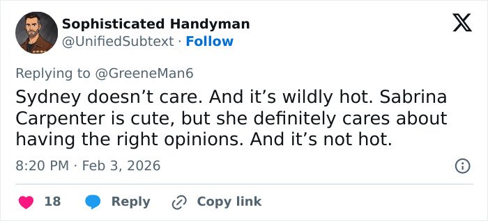 Screenshot of a tweet discussing viral claim about men liking Sydney Sweeney and women liking Sabrina Carpenter.