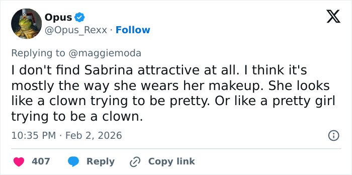 Screenshot of a viral social media comment debating the appeal of men like Sydney Sweeney and women like Sabrina Carpenter.
