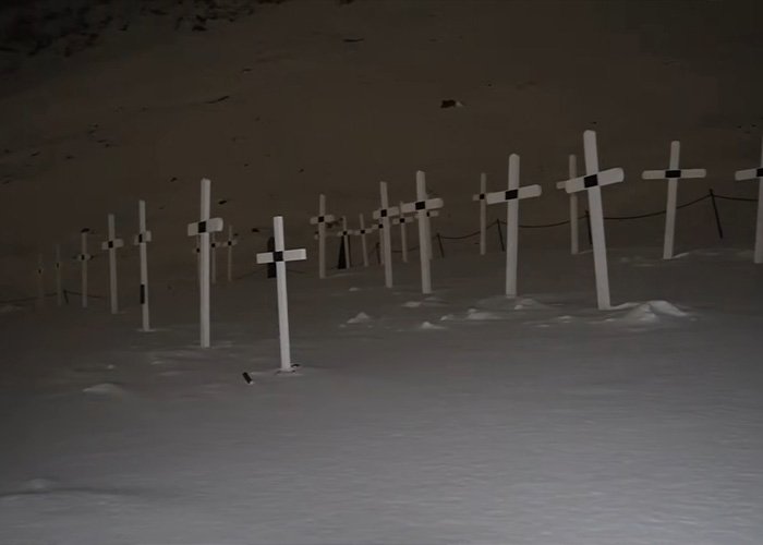 Grave markers in snow on the world’s darkest island, illustrating surprising facts about how residents live there.