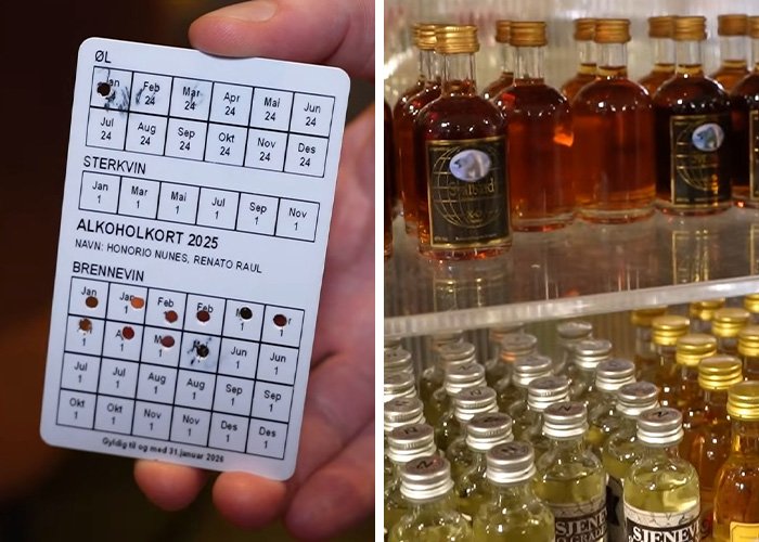 Hand holding alcohol permit card with bottles of distilled spirits in background on the world’s darkest island.