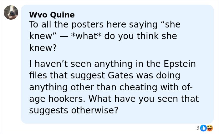 Comment discussing Melinda Gates' response on forgiving Bill Gates amid Epstein files and STD allegations.