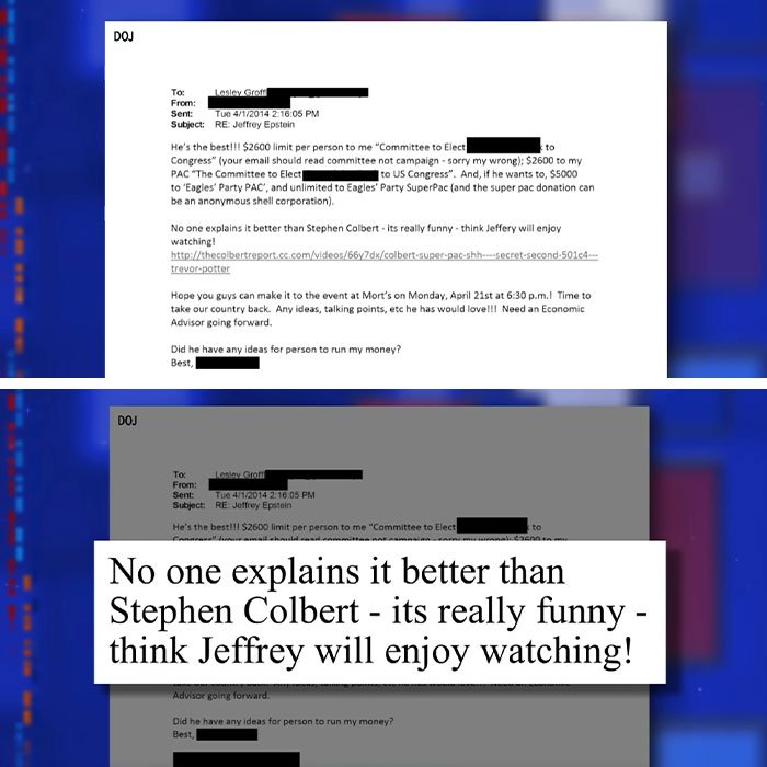 Email excerpt highlighting Stephen Colbert’s brutal response related to Epstein files with redacted sensitive information.