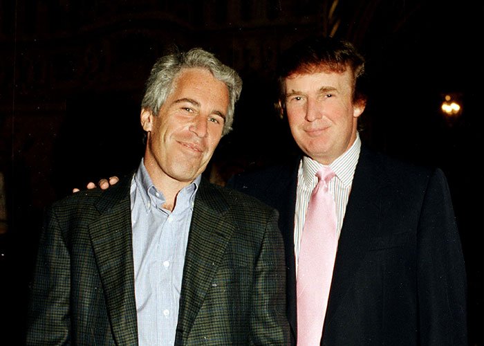 Jeffrey Epstein and Donald Trump posing together at an event, linked to Epstein files and Stephen Colbert viral response.