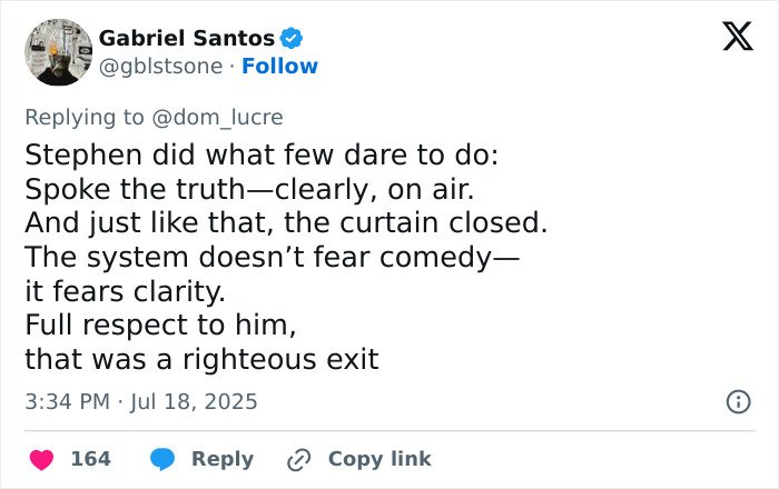 Twitter post praising Stephen Colbert's brutal response after appearing in Epstein files, highlighting his courageous truth-telling.