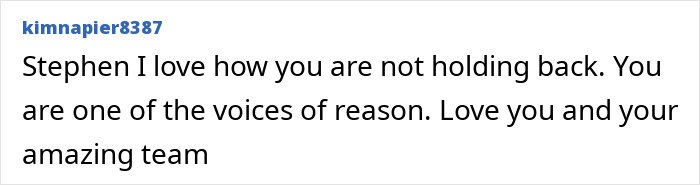 Comment praising Stephen Colbert for his brutal response after appearing in Epstein files, highlighting reason and support.