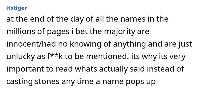 User comment about names in Epstein files, emphasizing importance of reading context before judging, related to Stephen Colbert's response.