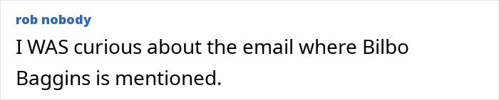 Comment by user rob nobody discussing curiosity about an email mentioning Bilbo Baggins related to Epstein files viral response.