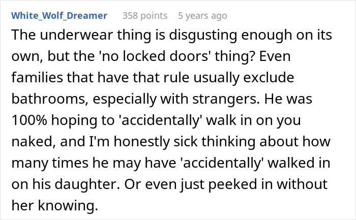 Comment discussing a creepy dad’s behavior and concerns about locked doors and privacy violations within a family setting.