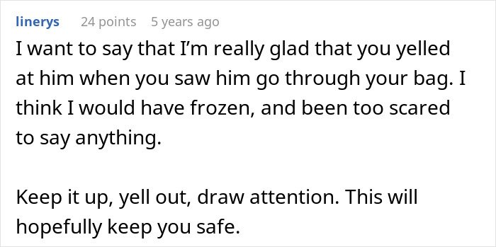 User comment advising to yell and draw attention to stay safe after a creepy dad tries to lie and lands in jail.
