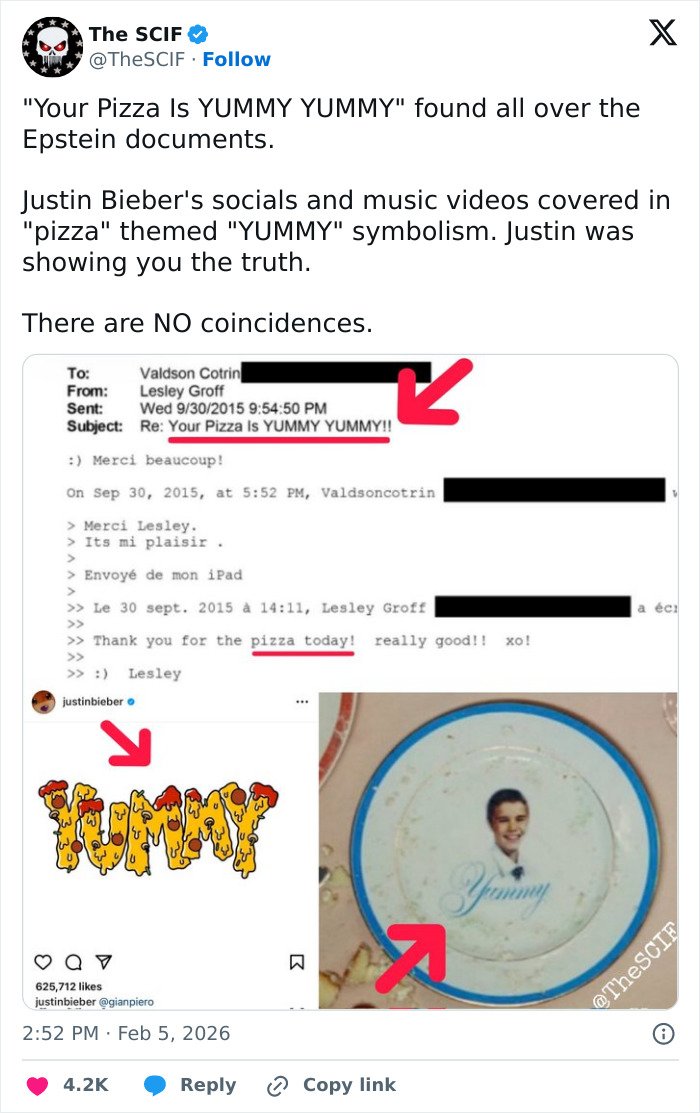Email and social media posts linking Justin Bieber and Epstein with Yummy music video symbolism highlighted by red arrows.