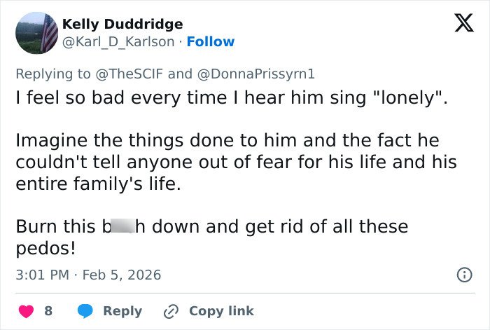 Tweet expressing fear for Justin Bieber’s safety and referencing disturbing Epstein connection theories linked to Yummy video.