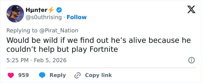 Tweet discussing a viral theory claiming Epstein may still be alive linked to Fortnite gameplay comments.