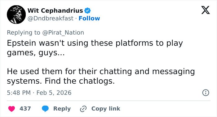 Screenshot of a social media post discussing Epstein’s possible use of Fortnite messaging, linking to viral theory claims.