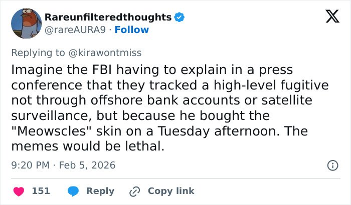 Tweet discussing FBI tracking a fugitive linked to Fortnite Meowscles skin, hinting at Epstein viral theory claims.