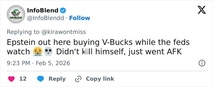 Screenshot of a tweet joking about Epstein buying Fortnite V-Bucks, linking to viral theory claims about Epstein still alive.