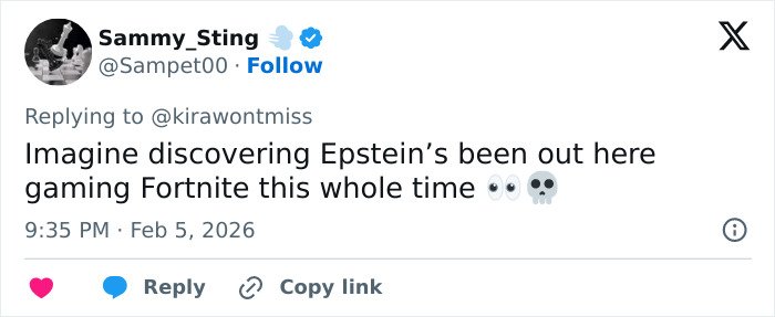 Tweet by user Sammy_Sting referencing Epstein gaming Fortnite, linking to viral theory claims Epstein may still be alive.