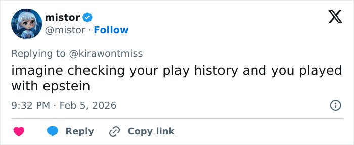 Tweet screenshot showing a user suggesting a connection between Epstein and Fortnite play history in a viral theory discussion.