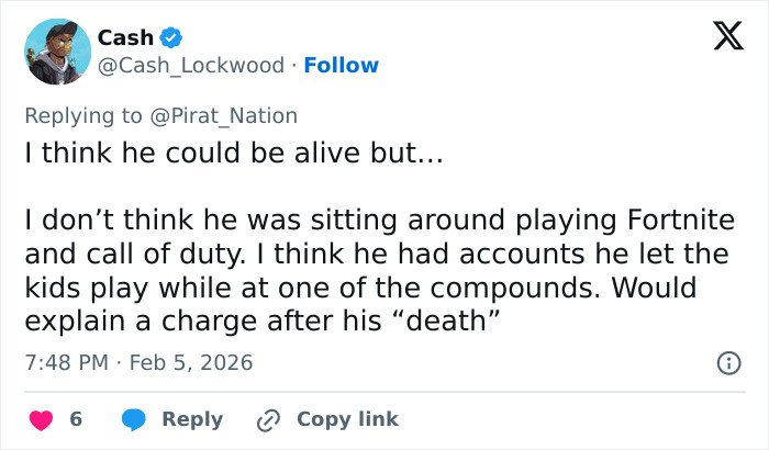 Tweet discussing Epstein possibly being alive, mentioning Fortnite accounts linked to the theory after his reported death.