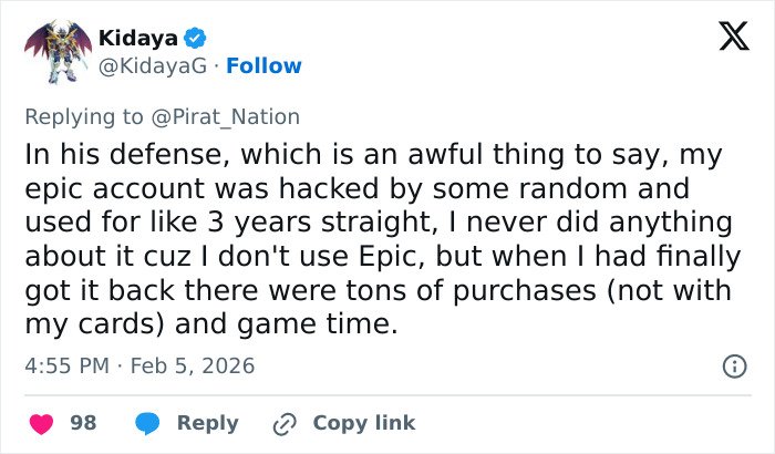 Screenshot of a Twitter reply discussing an epic account hack, linked to the viral theory about Epstein and Fortnite claims.
