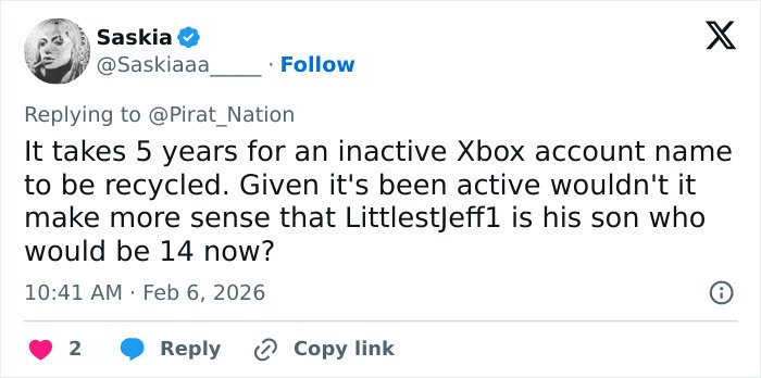 Twitter post discussing Xbox account activity and Fortnite connection related to Epstein viral theory claims.