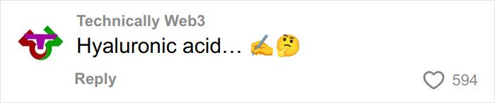 Comment on social media mentioning hyaluronic acid with writing and thinking emojis, related to Winter Olympics scandal keywords.