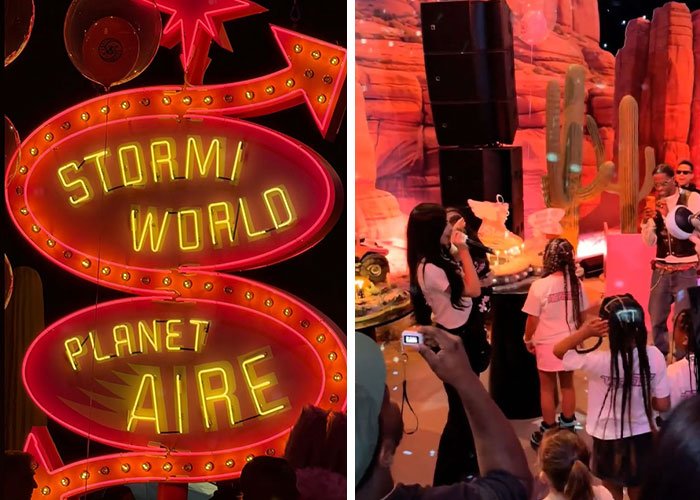 Neon Stormi World Planet Aire sign and guests at Travis Scott and Kylie Jenner kids party with themed decorations and desert backdrop.