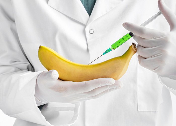 Doctor wearing white coat and gloves injecting green liquid into a banana to illustrate hyaluronic acid effects on the body.