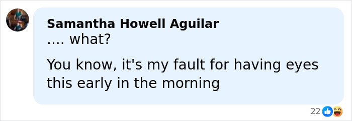 Facebook comment by Samantha Howell Aguilar expressing surprise and regret for seeing content about injecting hyaluronic acid into the manhood.