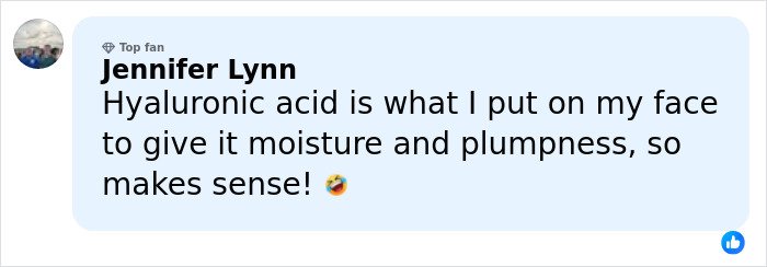 User comment about hyaluronic acid for skin hydration and plumpness in a social media post discussing its effects.