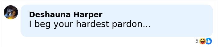 Screenshot of a social media comment saying I beg your hardest pardon with laughing reaction emojis below.