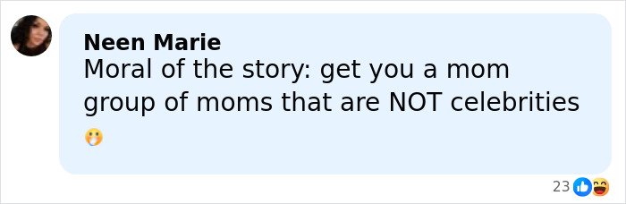 Social media comment by Neen Marie discussing moms and non-celebrity mom groups amid toxic mom drama.