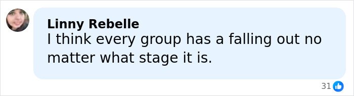 Comment from Linny Rebelle about falling outs in groups, related to toxic mom drama involving Kaley Cuoco and Ashley Tisdale.