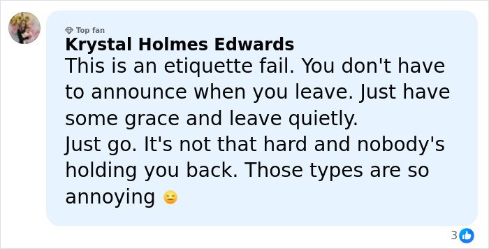 Screenshot of social media comment about etiquette fail, related to toxic mom drama involving Kaley Cuoco’s explosive attack on Ashley Tisdale.